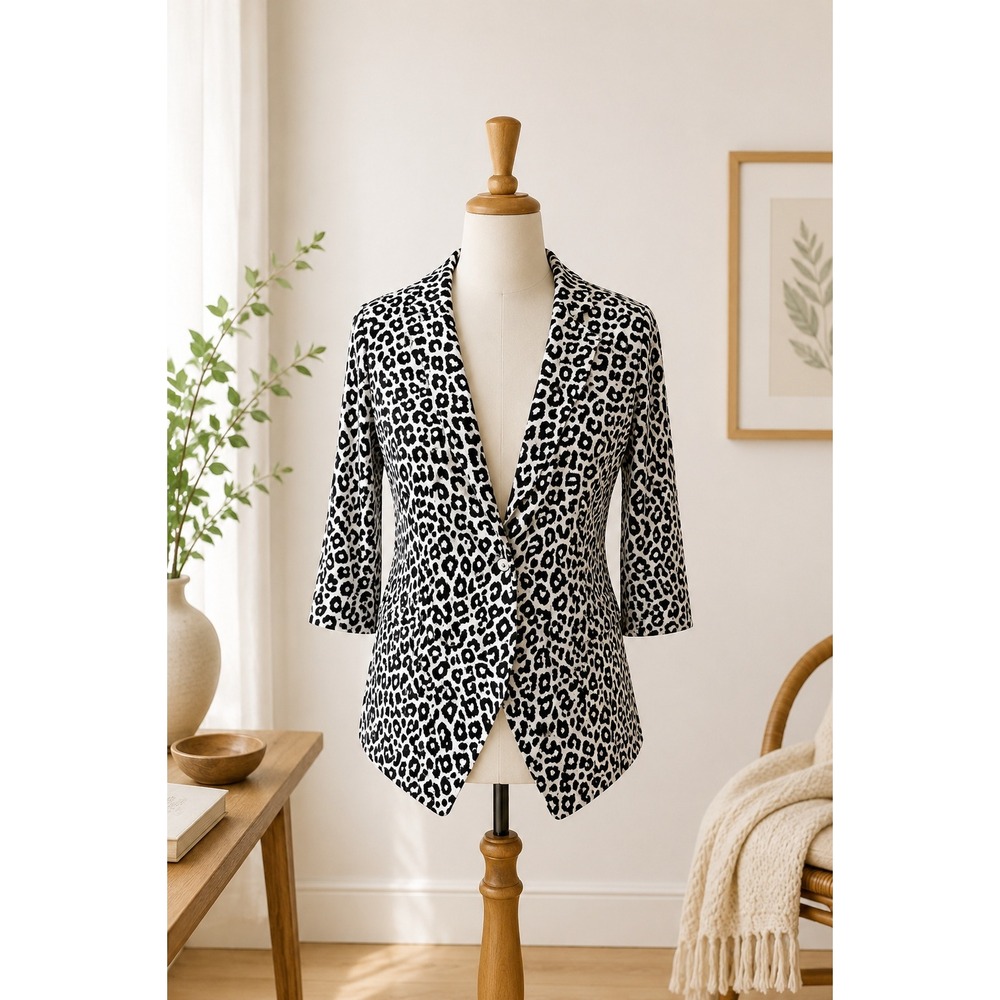 Calvin Klein‎ Animal Print Blazer Women's 10 Black White Lined Mob Wife Style
